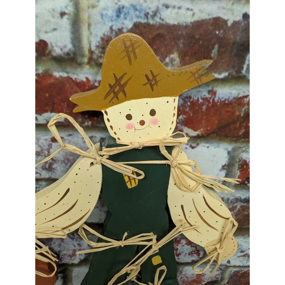 Vintage Hand Painted Wood Scarecrow Wall Hanging Jointed Primitive Fall Decor